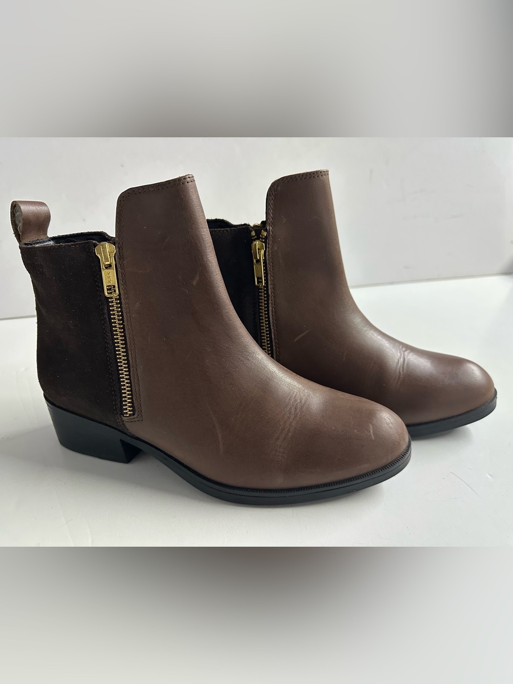 Cougar Brown Faux Leather & Suede Ankle Boots with Gold Zippers